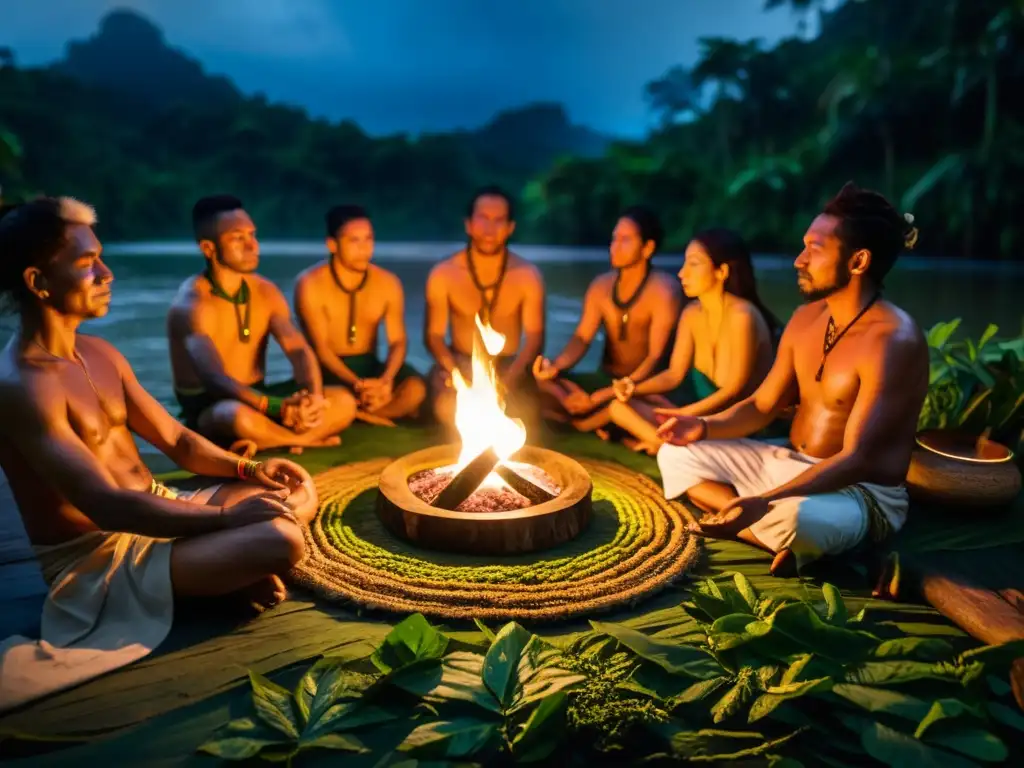 Un chamán lidera un ritual con Ayahuasca en la Amazonía, rodeado de exuberante vegetación y la luz de las velas