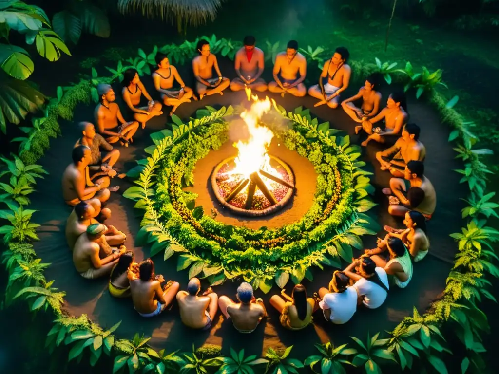 Un chamán dirige un ritual de ayahuasca en la selva amazónica, evocando la energía espiritual