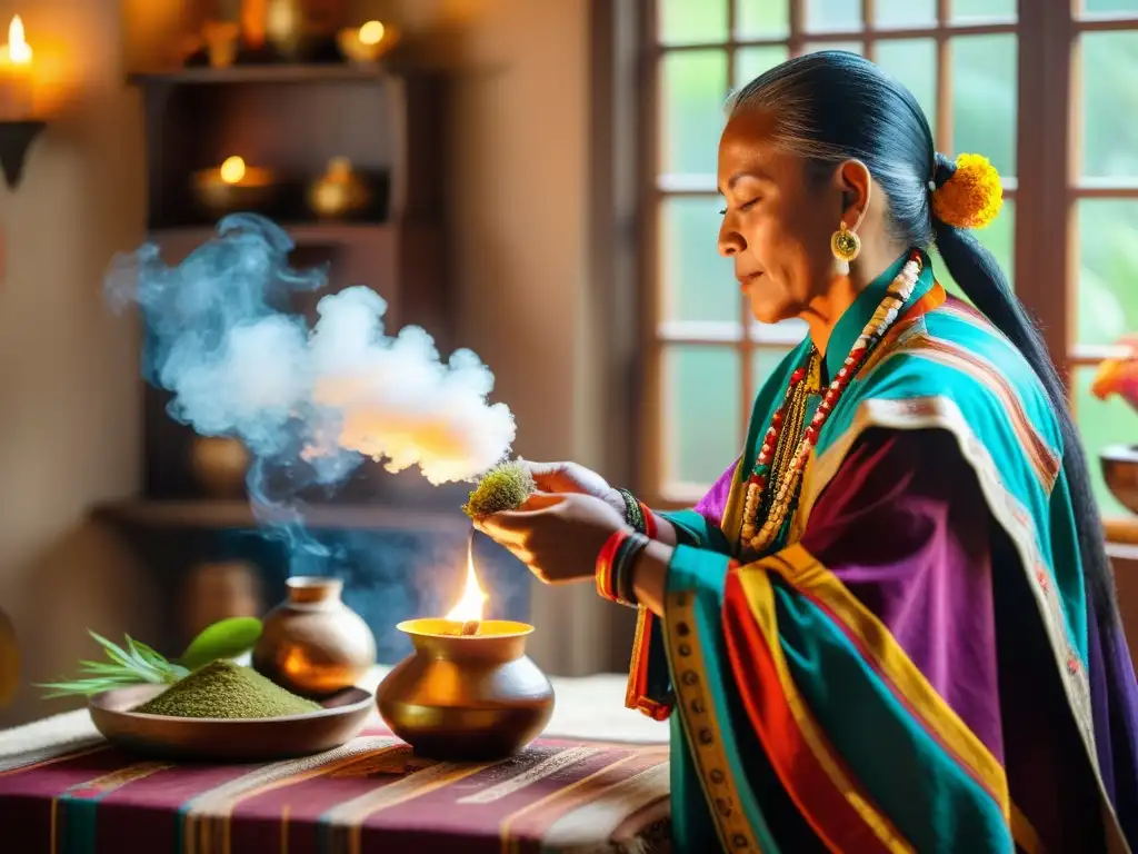 Un chamán realiza un ritual de bienvenida en una casa decorada, esparciendo hierbas y flores mientras la familia observa con reverencia