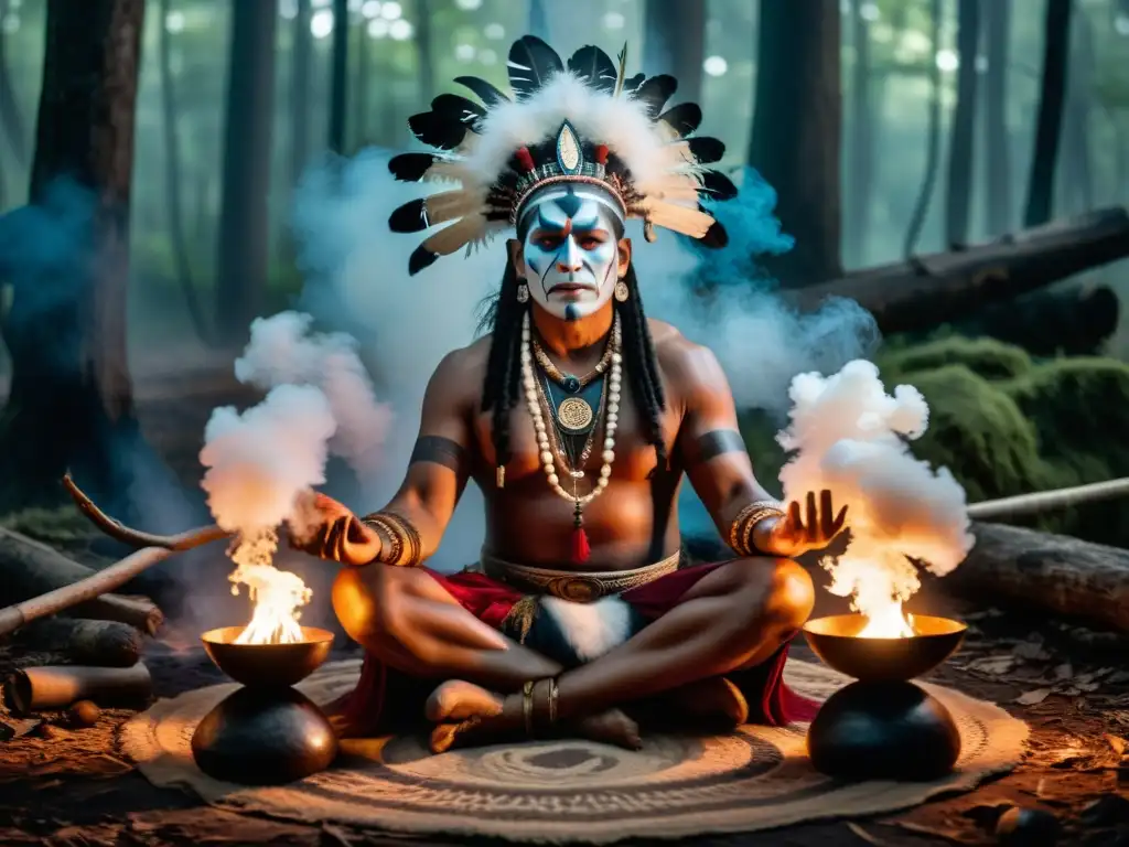 Un chamán realiza un ritual en un bosque entre humo y artefactos místicos, evocando el enigmático significado de rituales chamanísticos