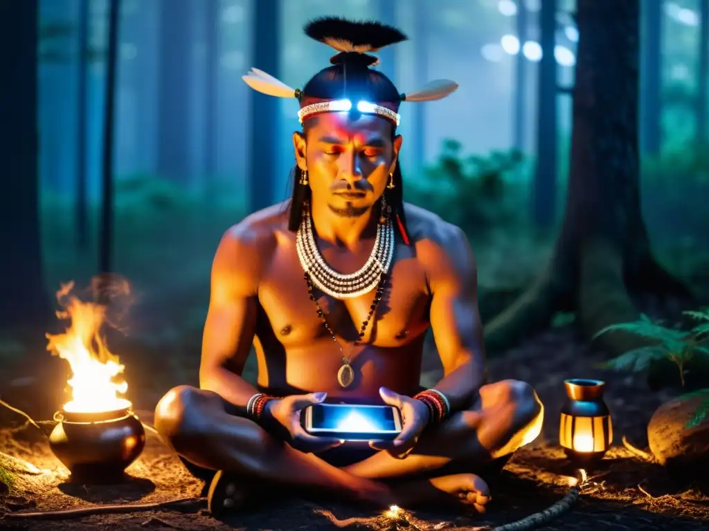 Un chamán realiza un ritual en un bosque iluminado por tecnología moderna