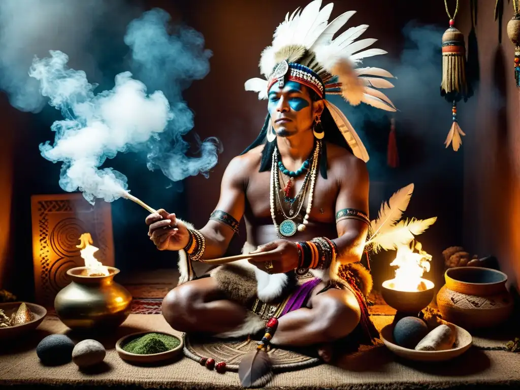 Un chamán realiza un ritual de curación en un espacio ceremonial, rodeado de objetos simbólicos y humo de hierbas