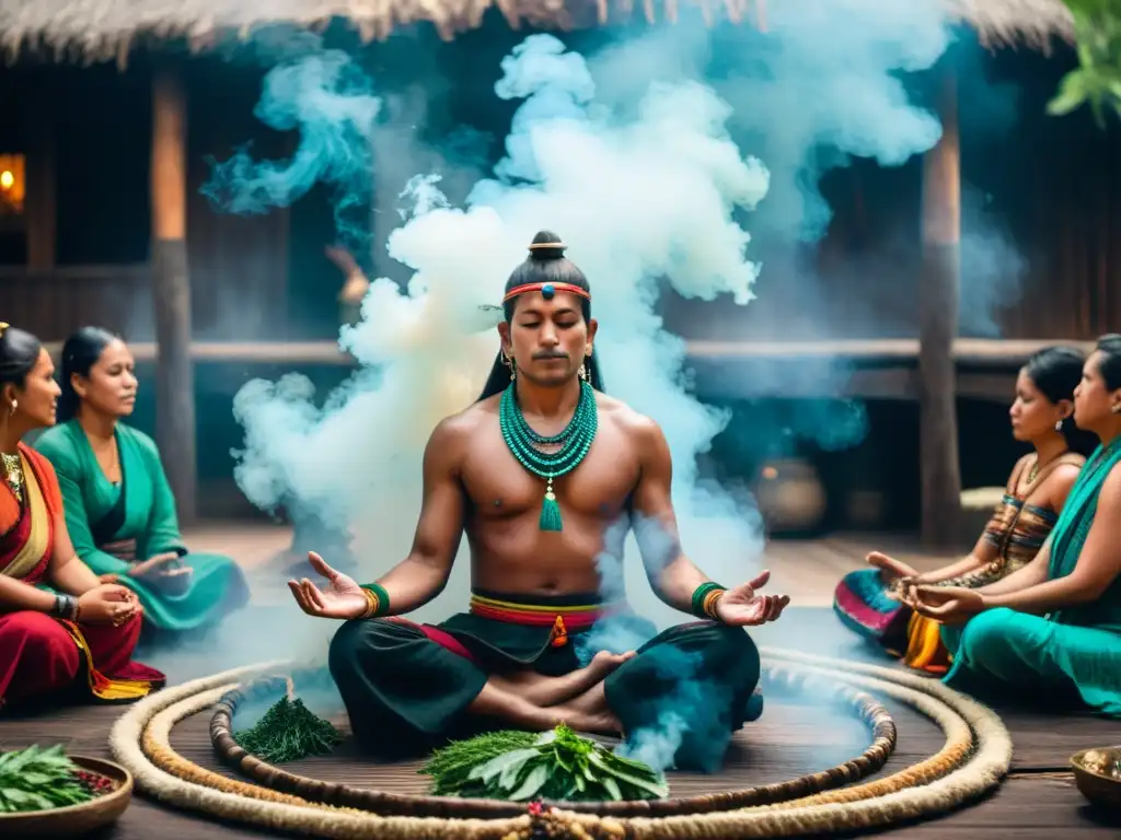 Un chamán realiza un ritual de purificación con humo y hierbas, rodeado de personas meditando