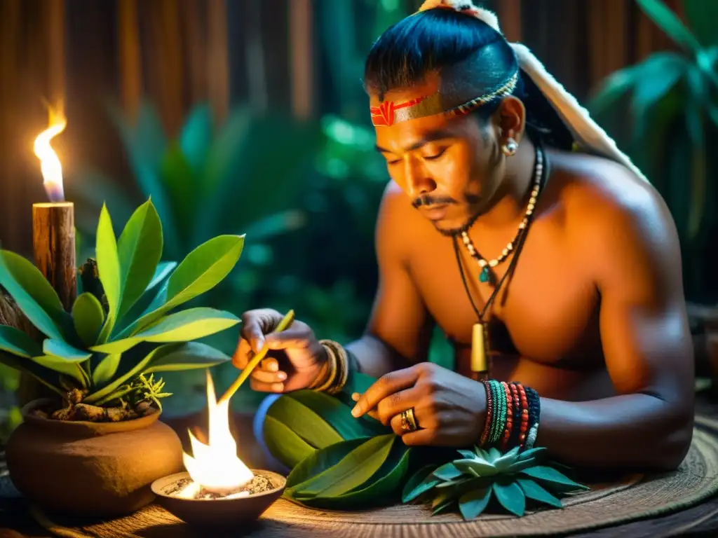 Un chamán en un ritual con plantas medicinales, preparando una poción curativa