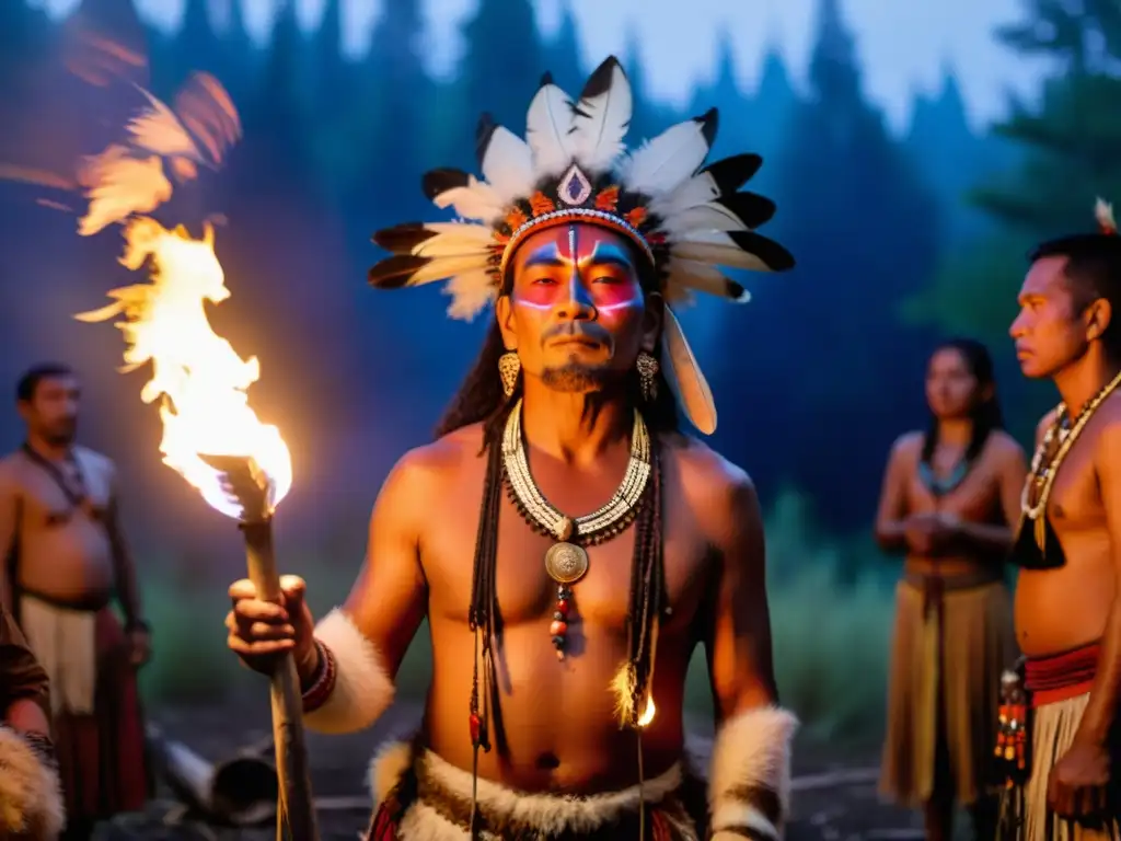 Un chamán realiza un ritual de curación rodeado de luz de antorchas en un claro del bosque