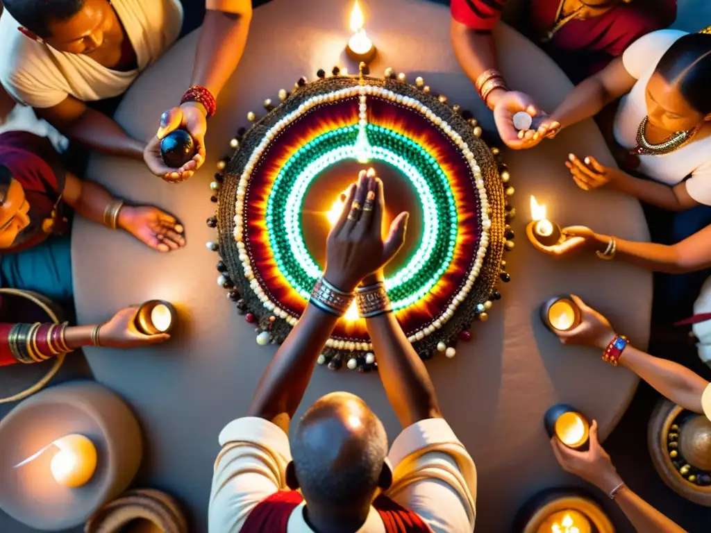 Un chamán realiza un ritual sagrado con piedras preciosas, rodeado de espectadores en atuendos tradicionales