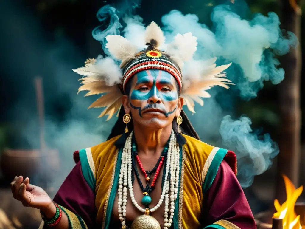 Un chamán realiza un ritual de sanación con humo de hierbas, vistiendo trajes coloridos y objetos sagrados