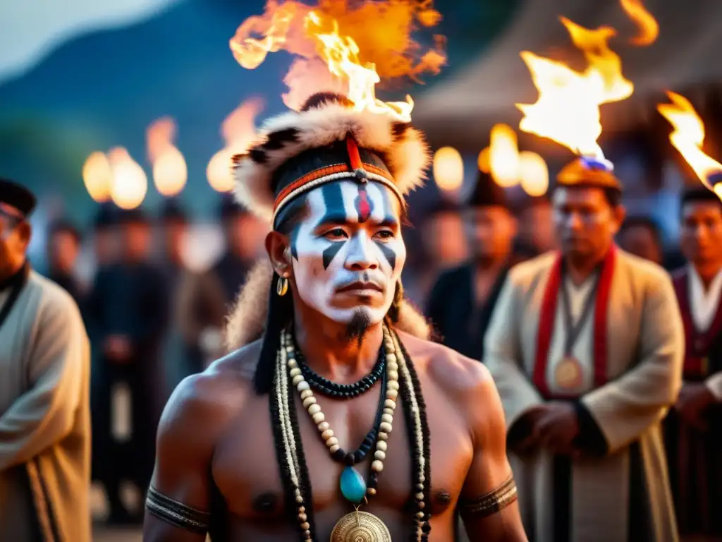 Un chamán realiza un ritual tradicional entre antorchas, expresando sabiduría ancestral y poder espiritual