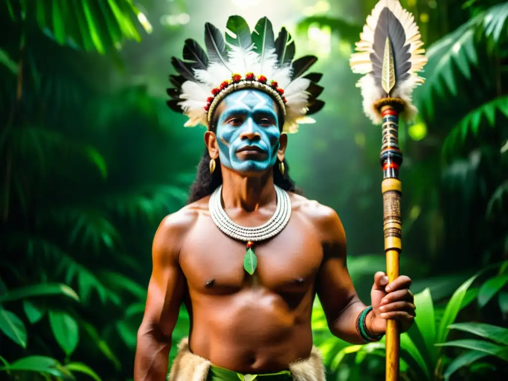 Un chamán en la selva amazónica, con su bastón ceremonial, transmite sabiduría ancestral y poder espiritual