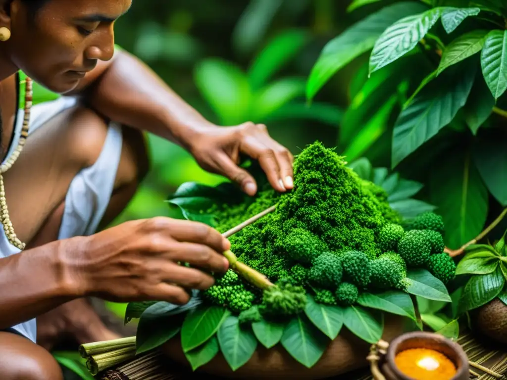 Un chamán en la selva amazónica prepara con reverencia el uso ritual de ayahuasca, rodeado de plantas y la energía ancestral de la naturaleza