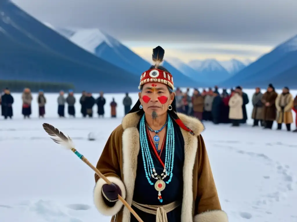 Un chamán siberiano realiza un ritual de curación, rodeado de onlookers, en un paisaje nevado