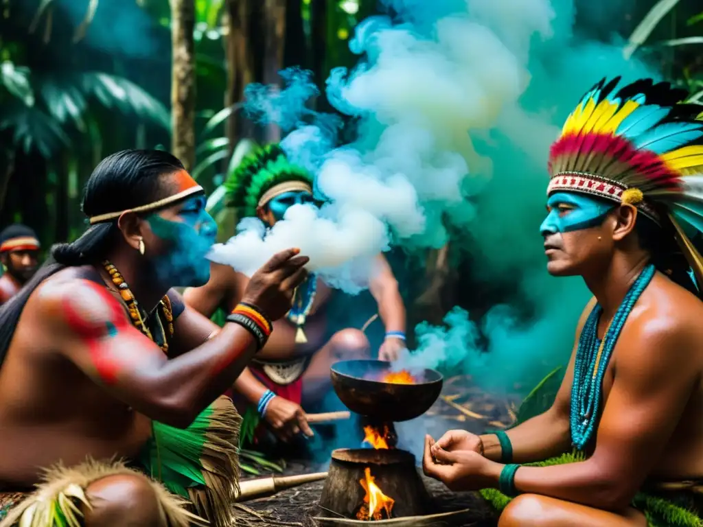 Los chamanes Achuar realizan una ceremonia de sanación en la selva amazónica, envueltos en una atmósfera mística de humo y tradición