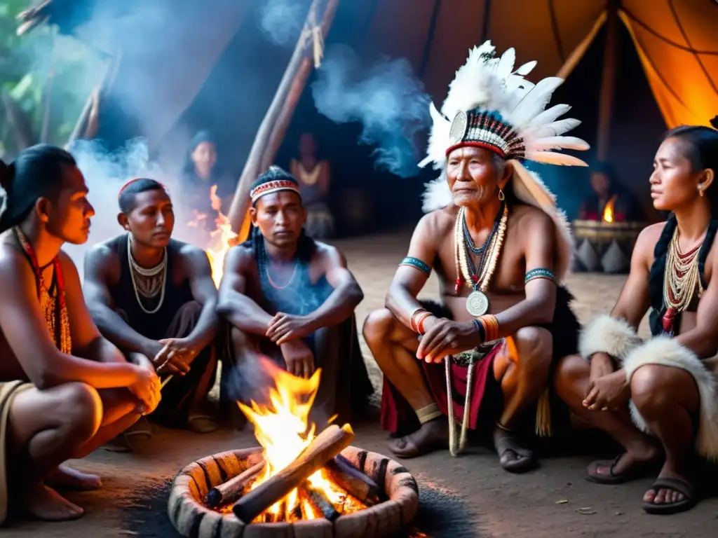 Iniciación chamánica en tribus nativas: Un anciano chamán imparte sabiduría ancestral junto a jóvenes iniciados alrededor de una fogata en la selva