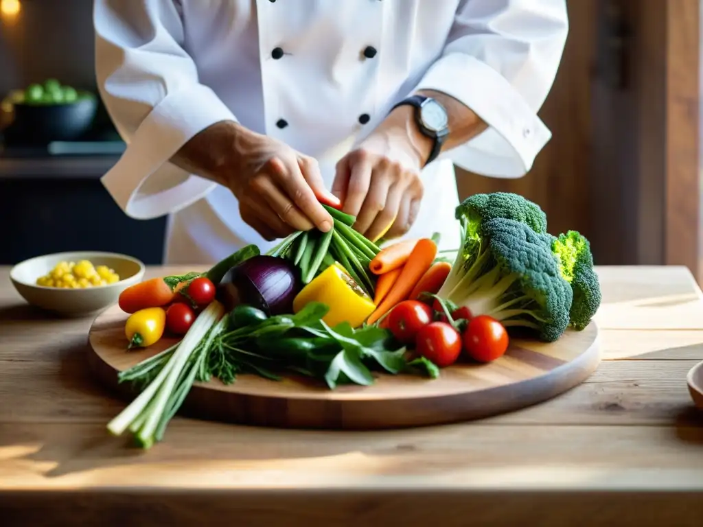 Un chef arregla con cuidado vegetales coloridos en un plato de madera, evocando la frescura y abundancia de la cocina estacional