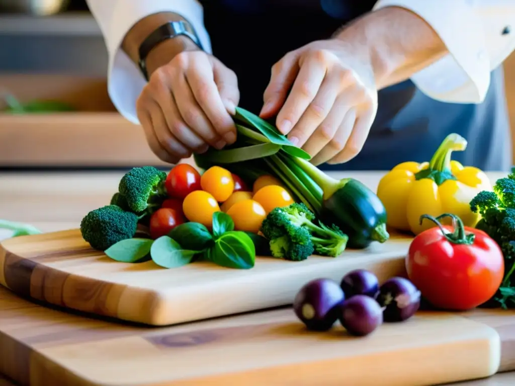 Un chef arregla con cuidado verduras de temporada en una tabla de cortar de madera