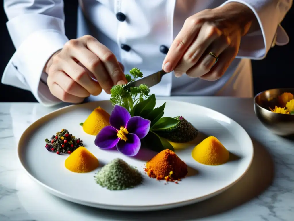 Un chef arregla con delicadeza flores comestibles, hierbas aromáticas y especias en un plato blanco, capturando la esencia de la cocina alquímica