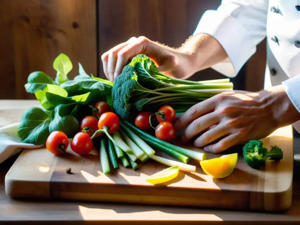 Un chef arregla con delicadeza verduras frescas en un tablero de madera