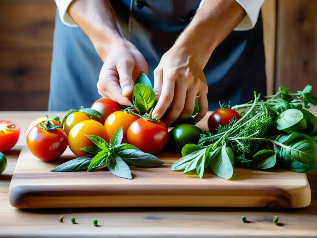 Un chef experto arregla con destreza ingredientes estacionales en un tablero de madera, creando platos cocina estacional rituales lunares