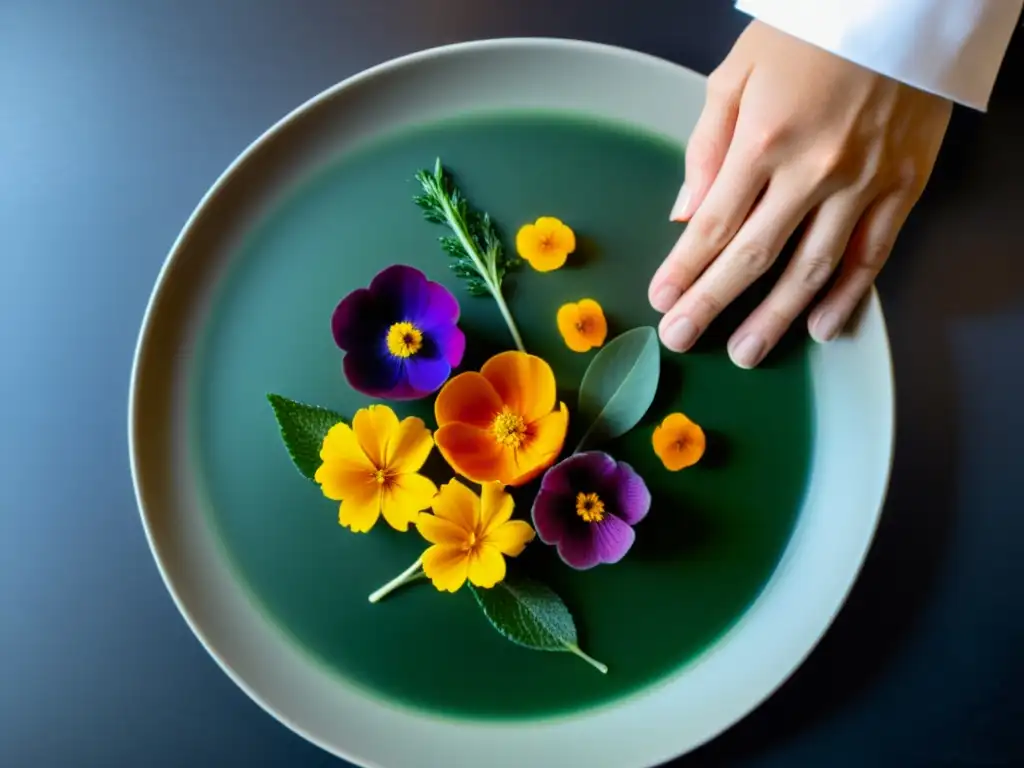 Un chef crea una obra maestra culinaria con ingredientes vibrantes, simbolizando el significado y simbolismo de la cocina alquímica