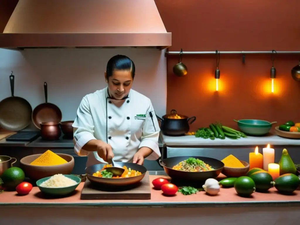 Un chef prepara platos cocina estacional rituales lunares en una cocina mexicana iluminada por velas