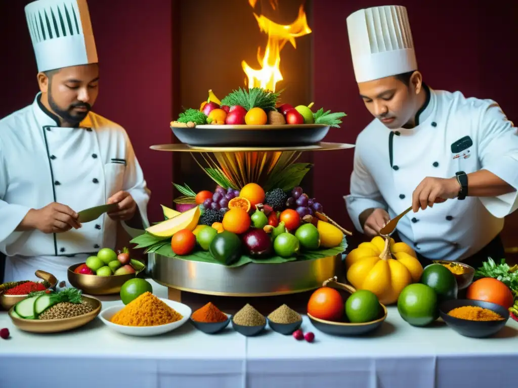 Chefs preparando comidas rituales religiosos en altar bellamente adornado, creando una atmósfera mística con incienso