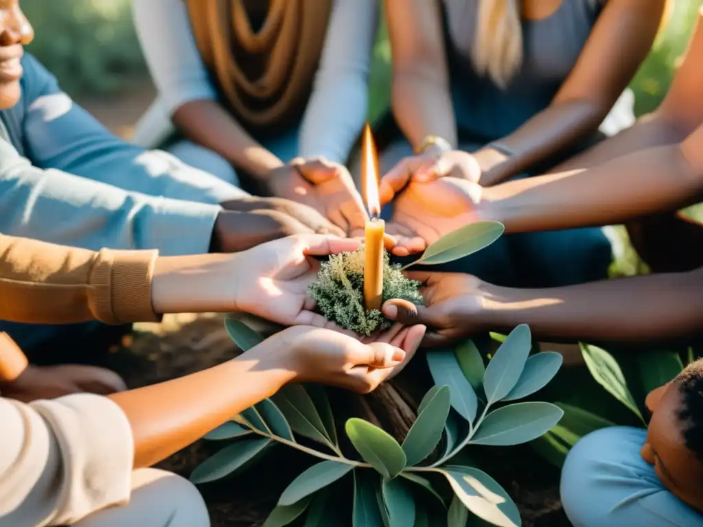 Un círculo de activistas diversos participa en rituales de curación emocional bajo la luz del sol entre los árboles