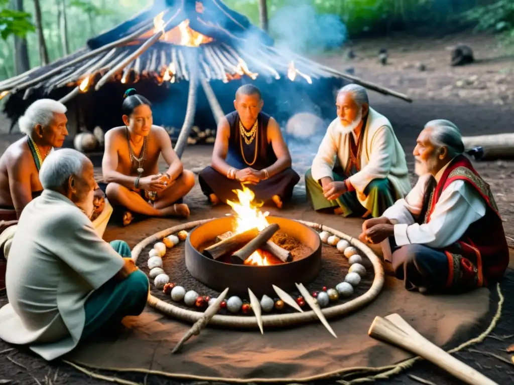 Un círculo de ancianos de diversas culturas realizando rituales de adivinación en un bosque