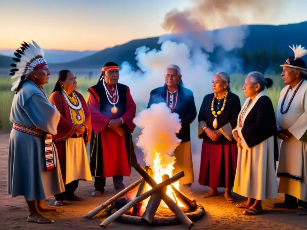 Un círculo de ancianos indígenas en atuendos tradicionales rodea una fogata titilante, iluminando sus rostros mientras realizan un ritual sagrado