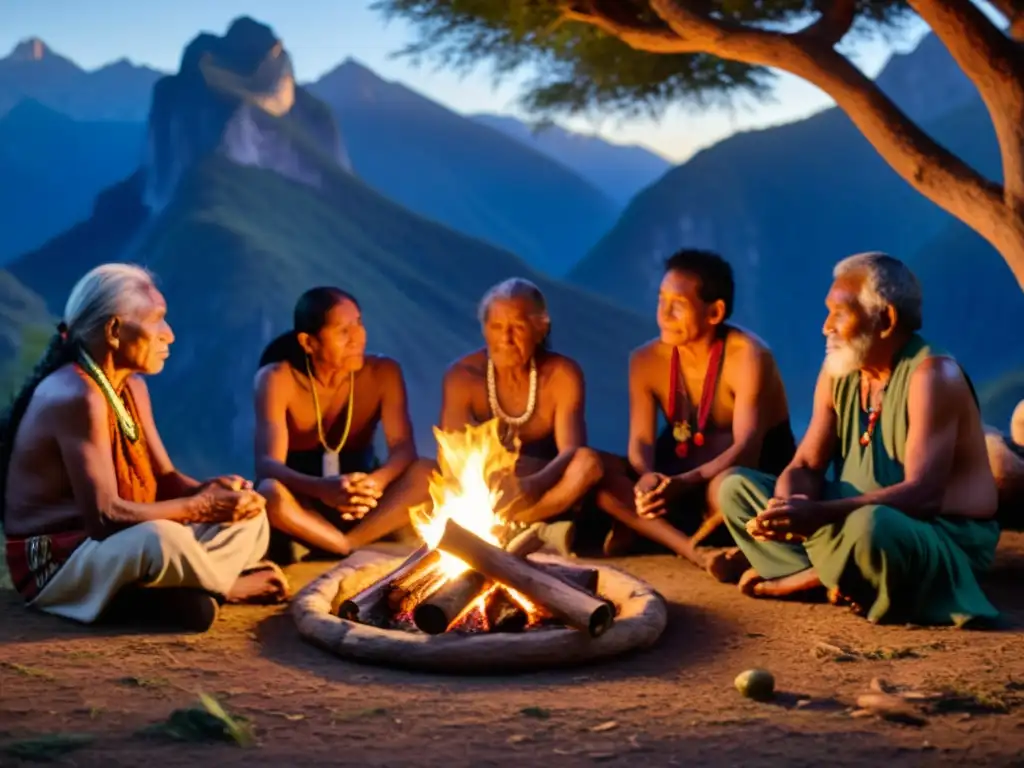 Ritual ancestral: sabiduría indígena junto al fuego Un círculo de ancianos indígenas se reúne alrededor de un fuego, participando en un ritual ancestral