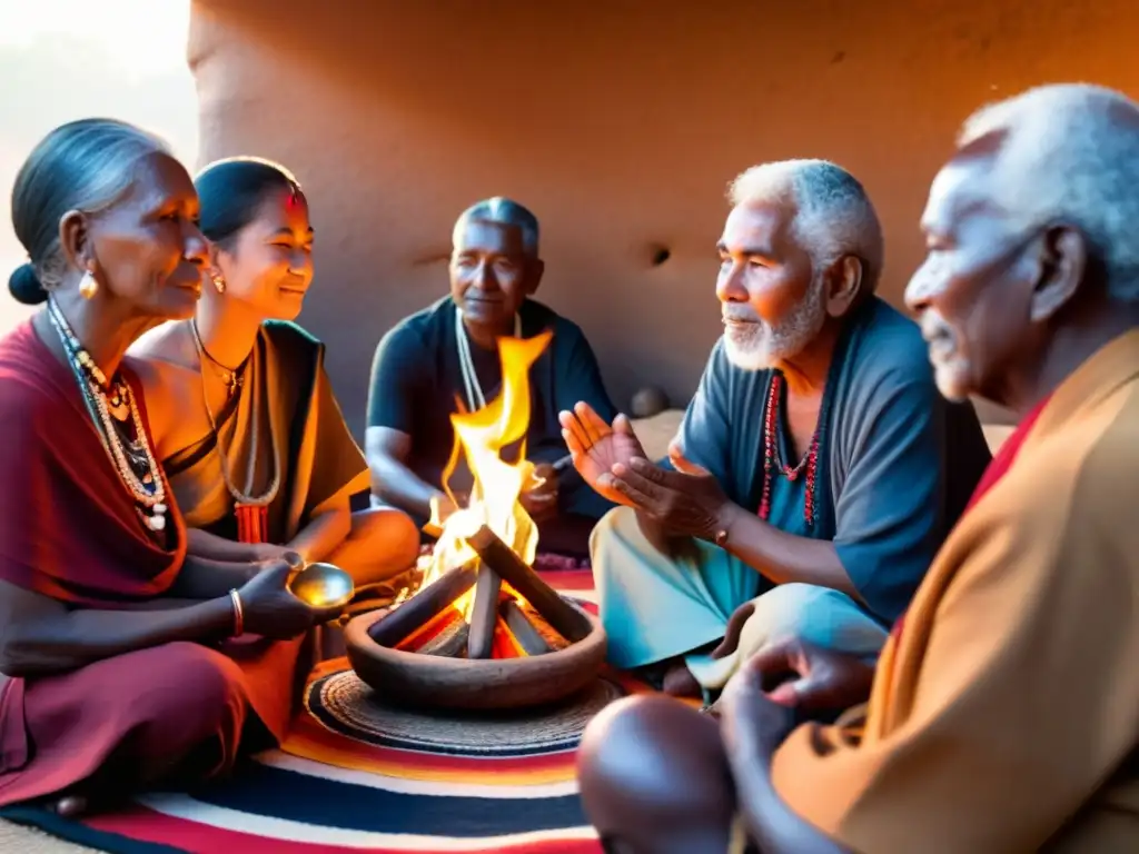 Un círculo de ancianos participando en la transmisión de rituales comunitarios tradicionales, rodeados de textiles vibrantes y objetos ceremoniales