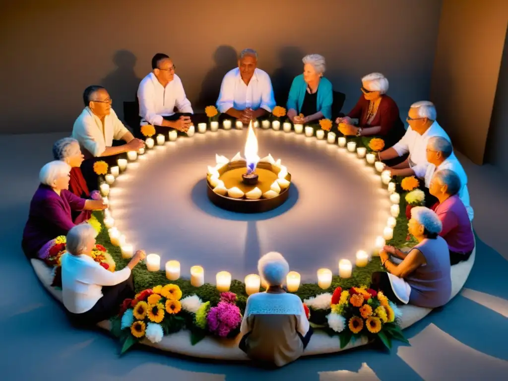 Un círculo de ancianos rodeados de decoración específica para rituales de paso, participando en una emotiva ceremonia de retiro