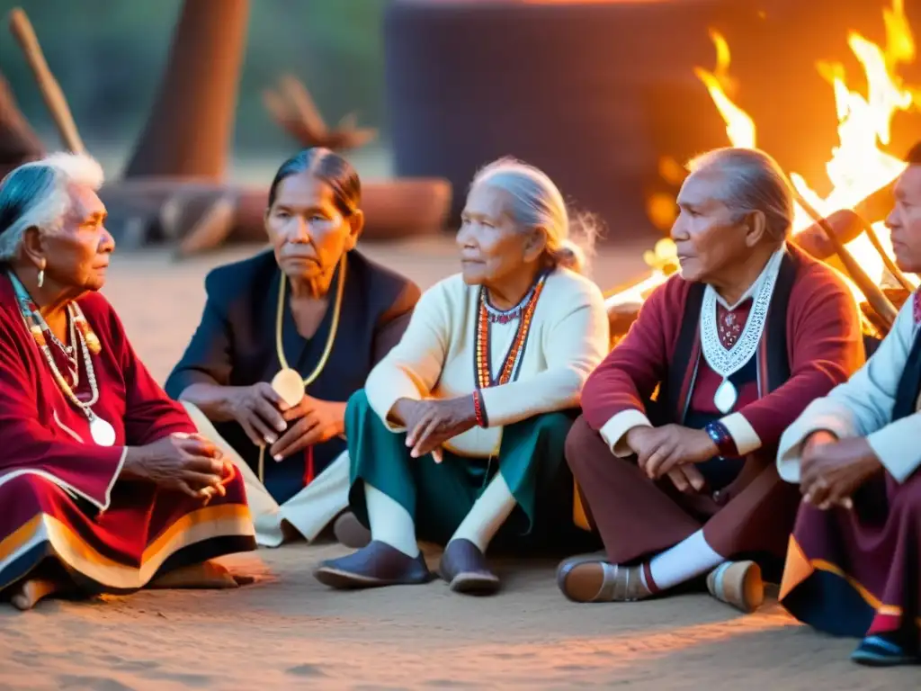 Un círculo de ancianos indígenas toca música tradicional alrededor de una fogata, envueltos en sus coloridos atuendos ceremoniales