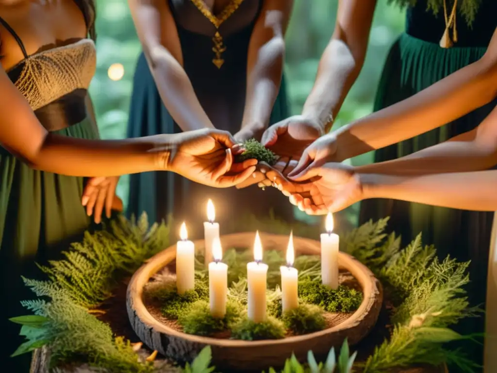 Un círculo de brujas novatas realiza un ritual en el bosque, rodeadas de velas, cristales y hierbas, creando una atmósfera mística