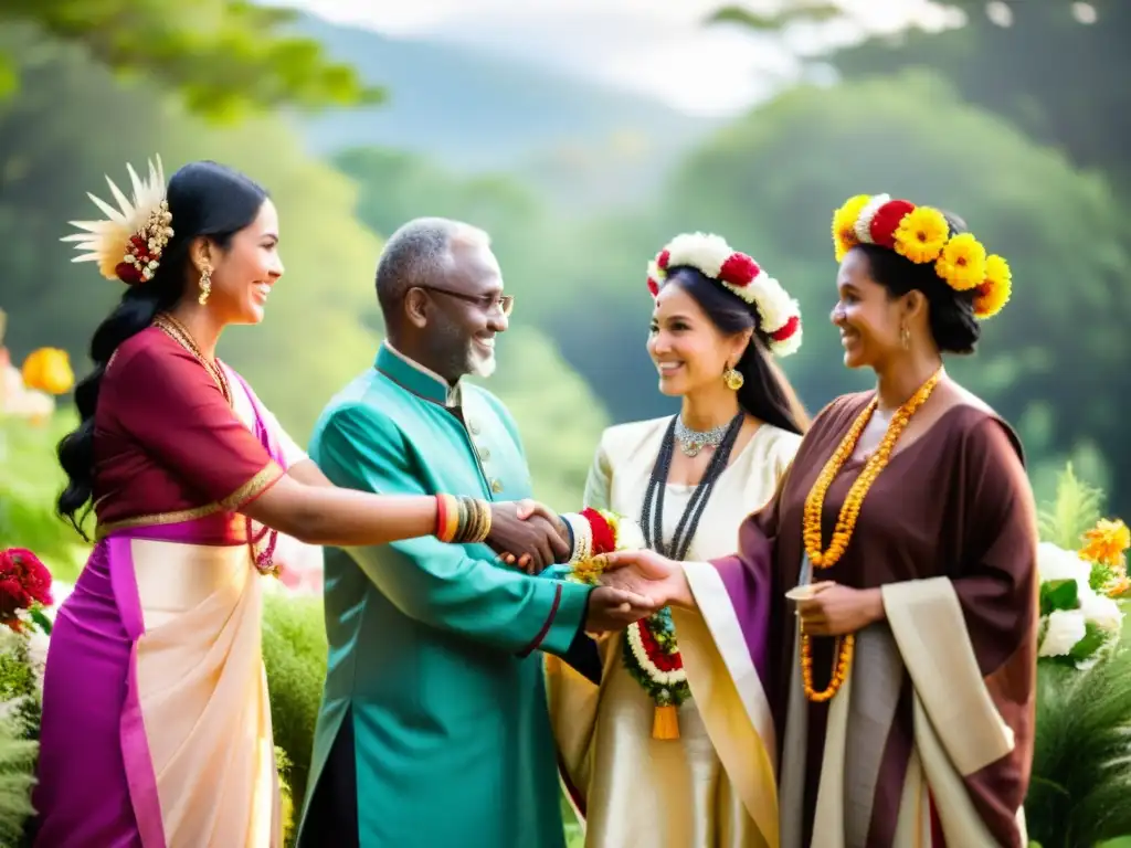 Un círculo de diversidad cultural intercambia objetos ceremoniales en un entorno natural