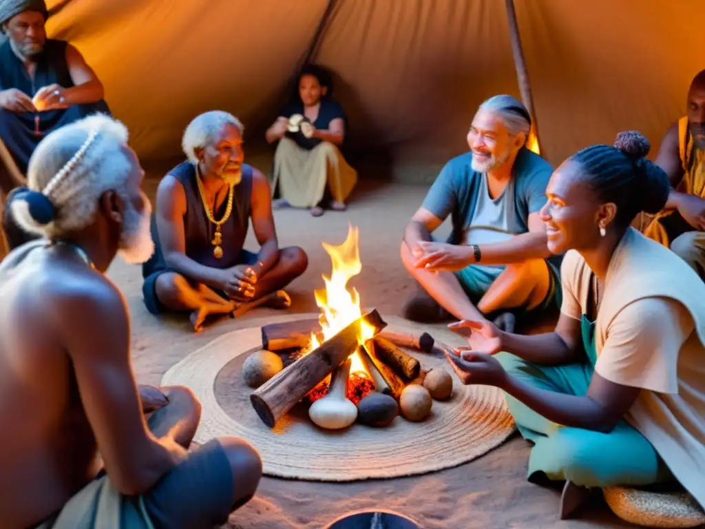 Un círculo de diversidad escucha relatos alrededor de una fogata, evocando mitología y rituales de empoderamiento