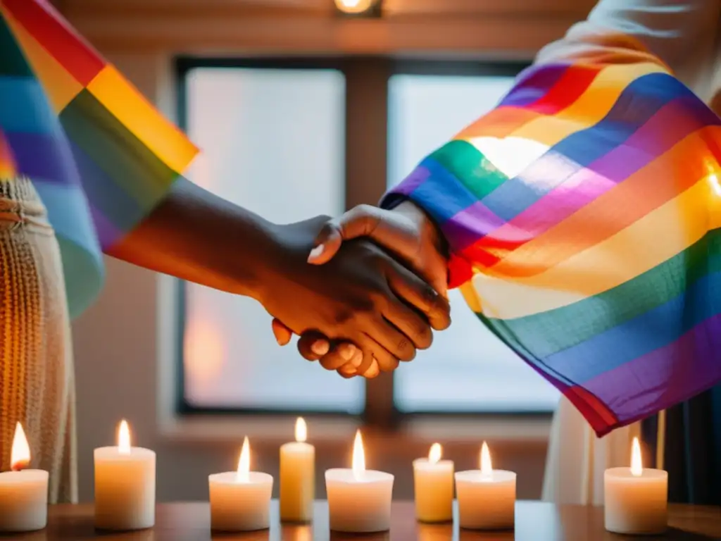 Un círculo de diversidad LGBTQ+ se une en un ritual de afirmación, iluminado por velas y símbolos de orgullo