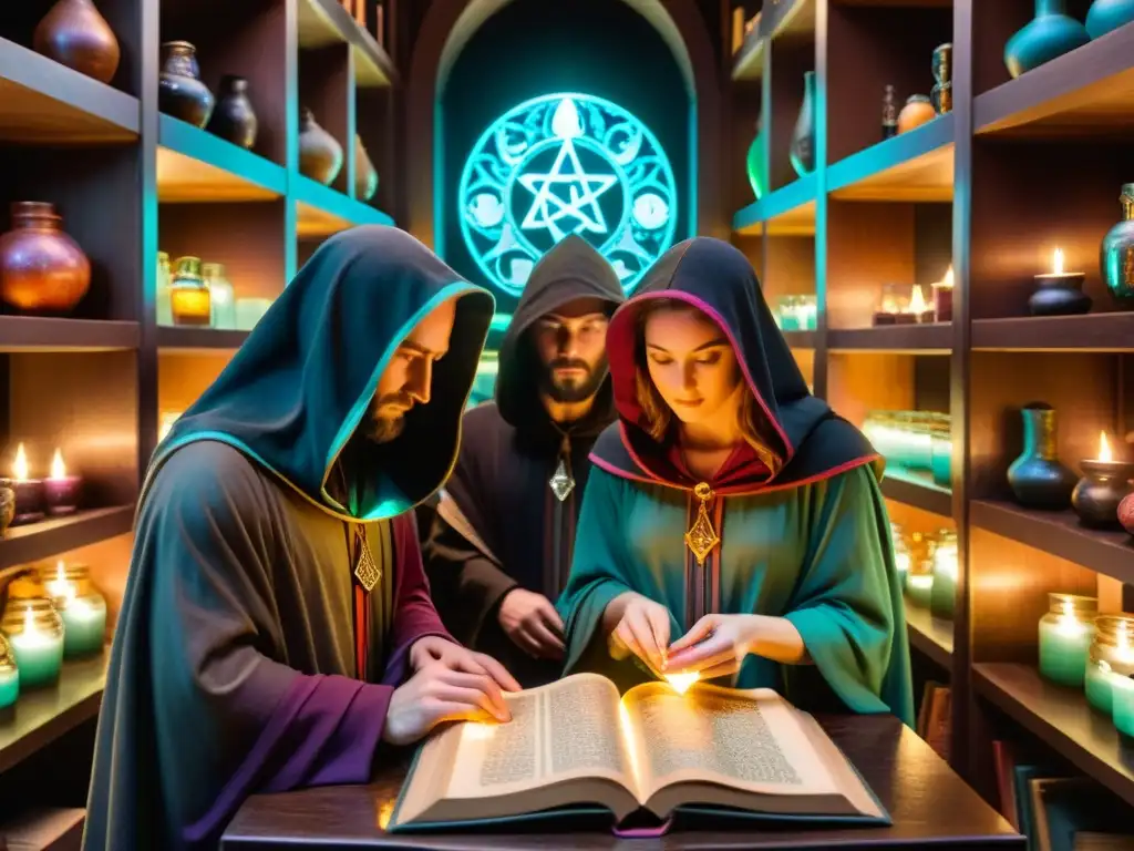 Un círculo de figuras encapuchadas rodea un libro de hechizos iluminado en una cámara mística