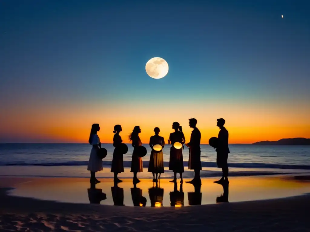 Un círculo de figuras en la playa, bajo la luz de la luna, realizando un ritual nocturno con linternas brillantes