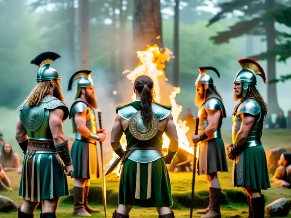 Un círculo de guerreros celtas en armaduras, sosteniendo espadas, con un chamán realizando un ritual en un claro del bosque