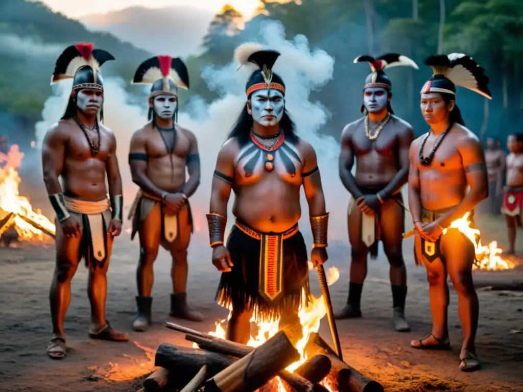 Un círculo de guerreros indígenas realiza un ritual ancestral alrededor de una fogata, simbolizando la preparación para la batalla y el anhelo de paz