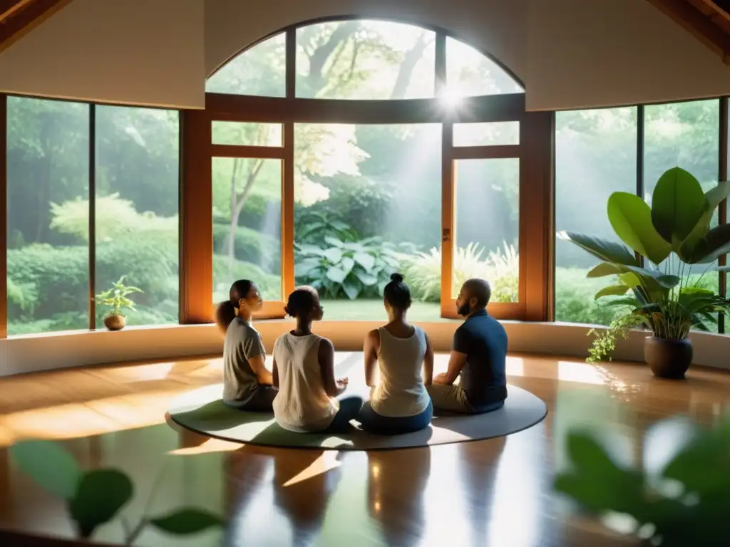 Un círculo de meditación en una habitación serena con luz suave, rodeada de naturaleza