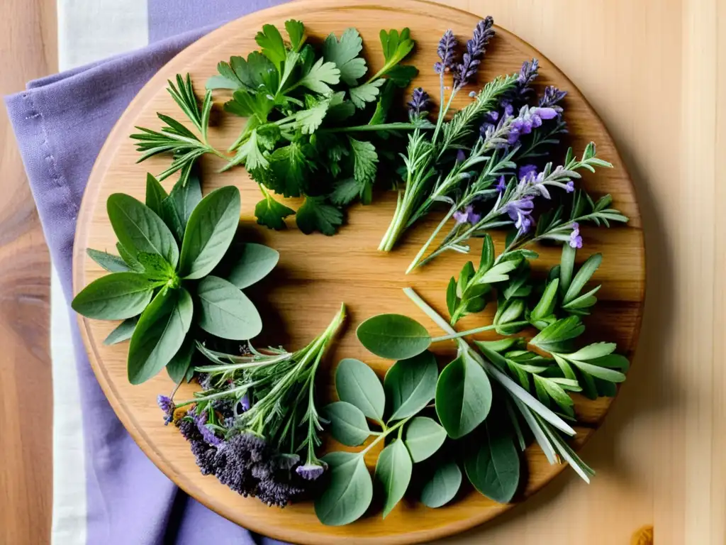 Un círculo de hierbas frescas en tabla de madera: cilantro, lavanda, tomillo y romero