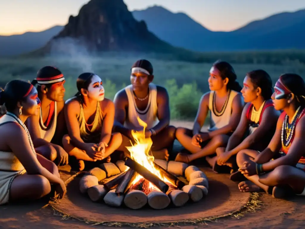 Narraciones ancestrales alrededor del fuego Un círculo de indígenas escuchando atentamente a un narrador junto al fuego, preservando rituales ancestrales en podcasts