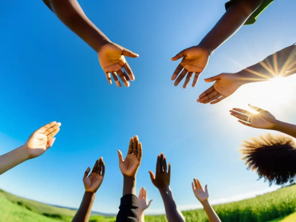 Un círculo de individuos diversos se unen en un campo soleado, con las manos extendidas hacia el cielo en un gesto de gratitud