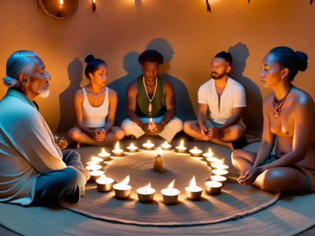 Un círculo de individuos participa en un ritual de sanación, iluminados por velas