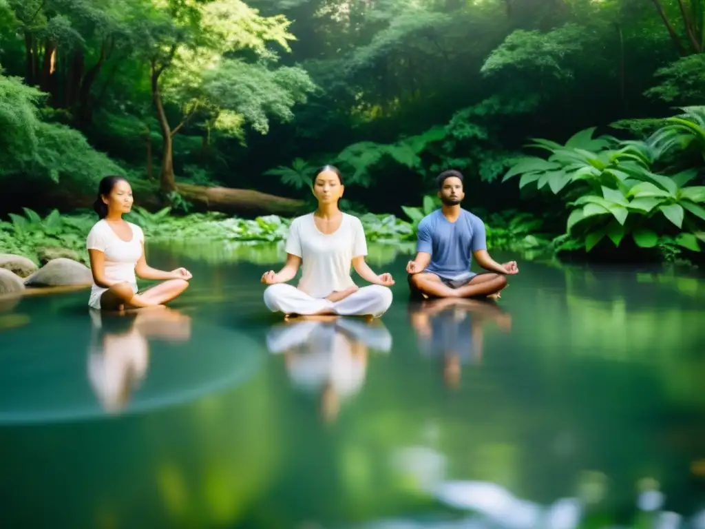 Un círculo de meditadores en un entorno natural, practicando técnicas de meditación trascendental