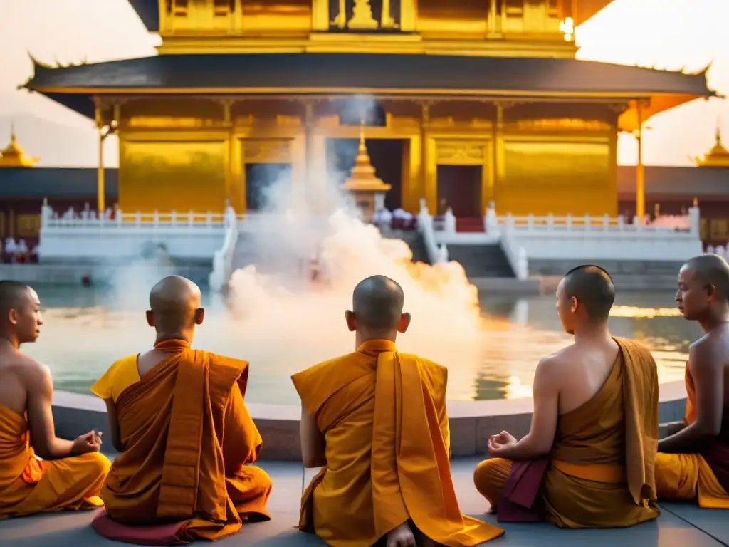 Un círculo de monjes budistas medita frente a un majestuoso templo dorado al atardecer, evocando serenidad y devoción