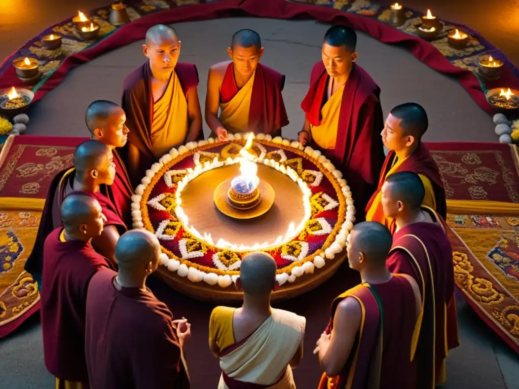 Un círculo de monjes tibetanos realiza rituales de iniciación, iluminados por lámparas de mantequilla