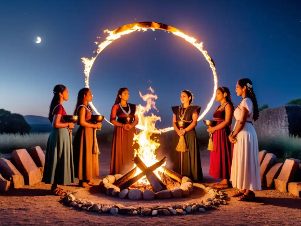 Un círculo de mujeres en atuendos ceremoniales alrededor del fuego, exudando poder y misticismo en un ritual antiguo de género