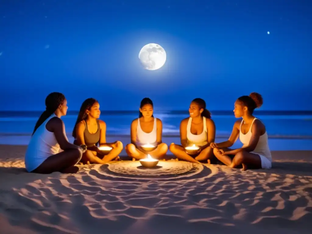 Un círculo de mujeres diversas realizando un ritual sanador en la playa bajo la luz de la luna